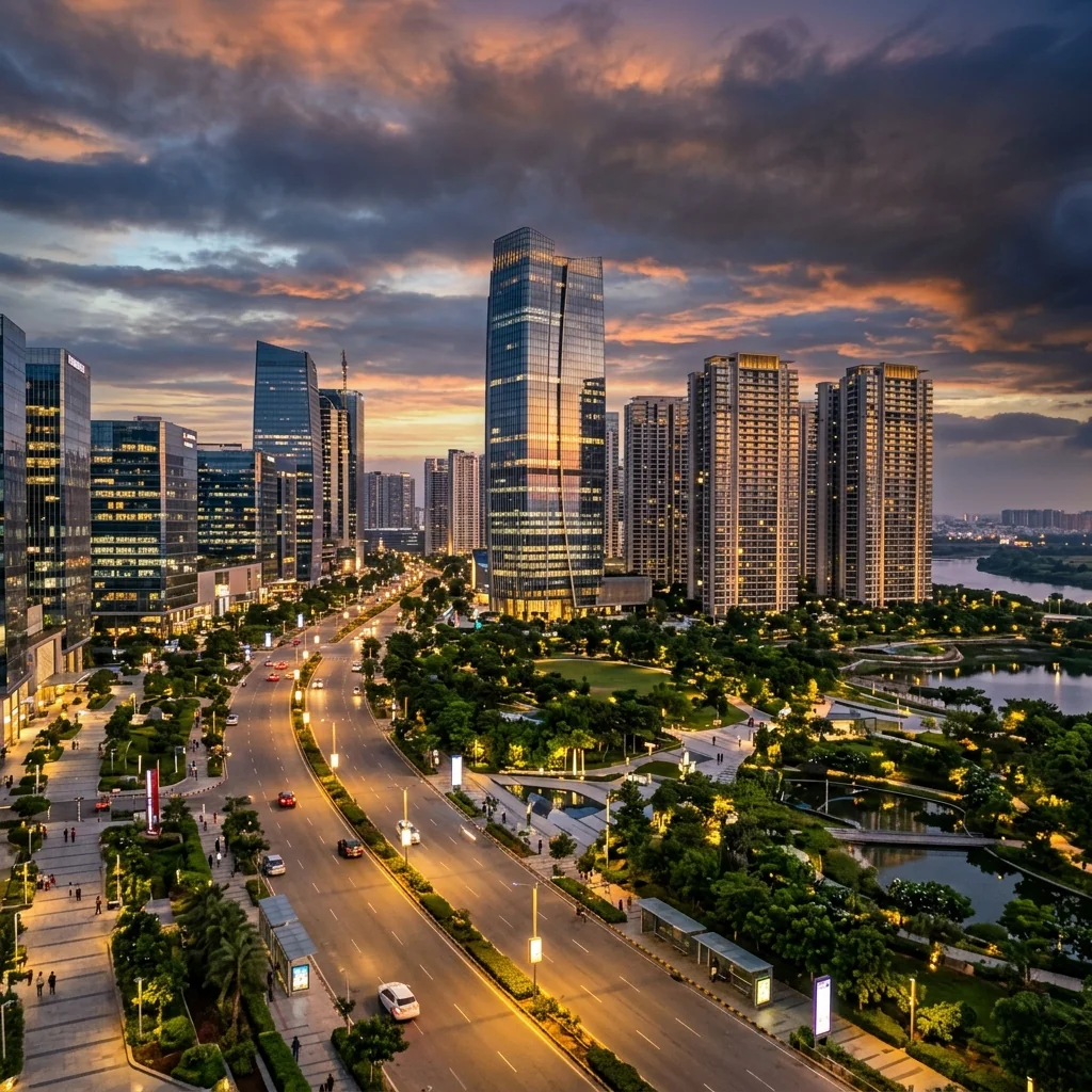 Aerial dusk view of Neopolis masterplan district with luxury towers and landscaped greens