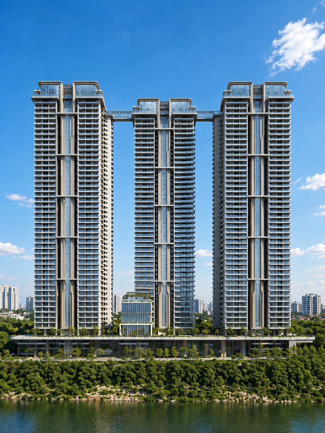 Palatial 50-storey ultra-luxury sky mansion towers with gold accents in Neopolis