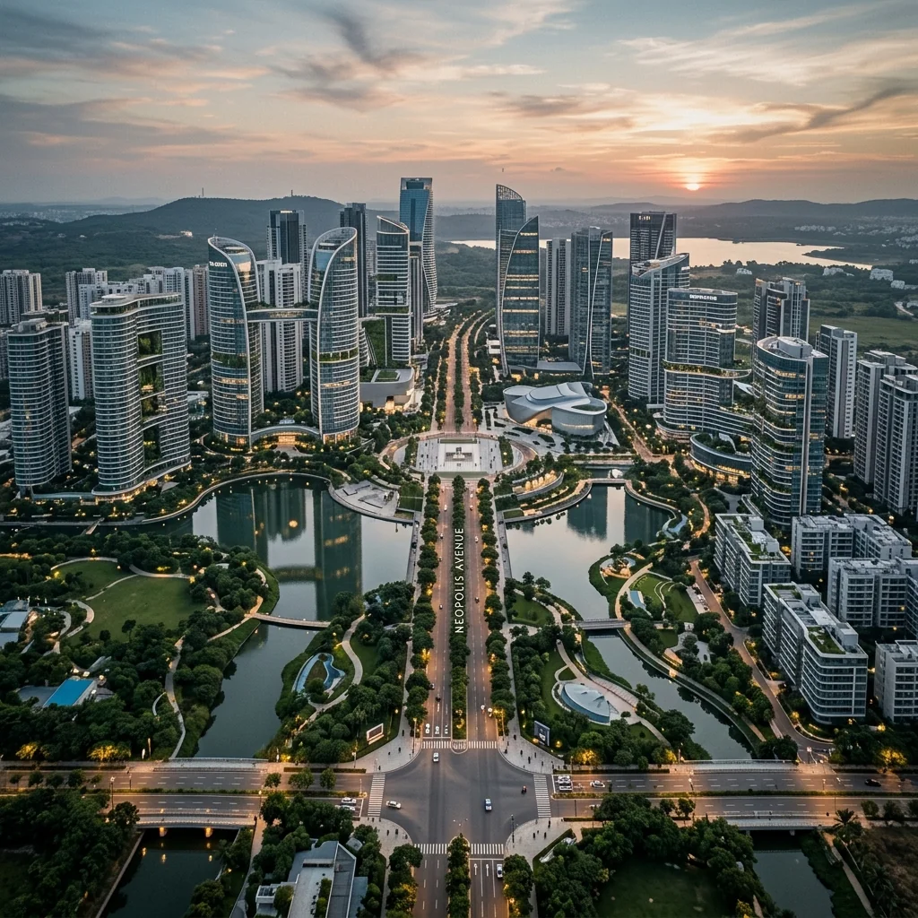 Aerial master planned view of Neopolis Kokapet towers and parks