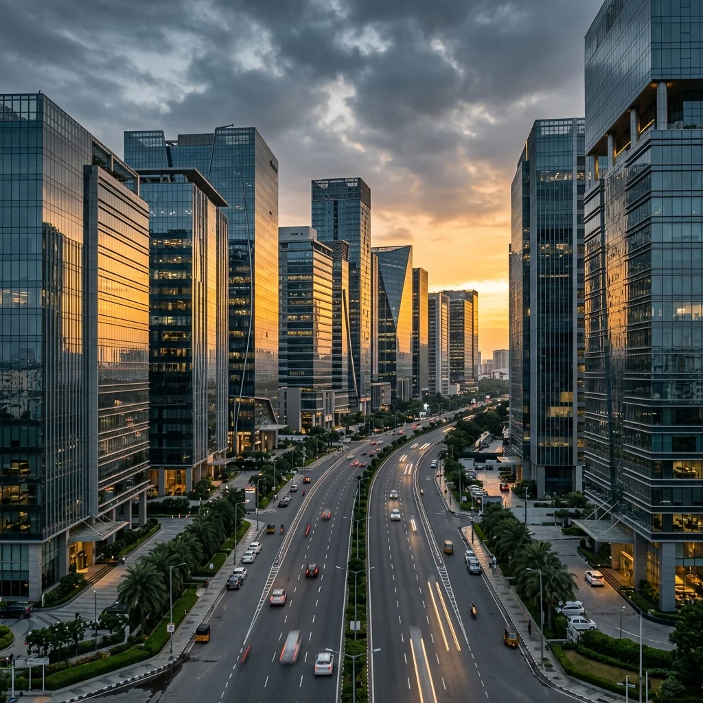 Sunset view of Hyderabad Financial District high-tech towers