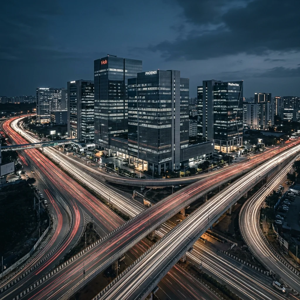 Twilight cityscape view of Gachibowli corporate high-rises